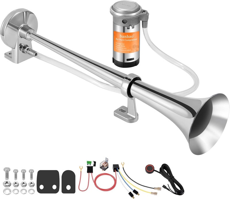 banhao 12V 150db Air Horn, Chrome Zinc Single Trumpet Truck Air Horn with Compressor for Any 12V Vehicles Trucks Lorrys Trains Boats Cars(Chrome horn with button) - Image 1